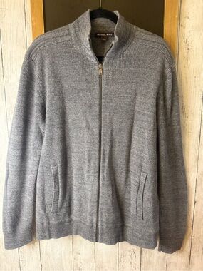 Michael Kors Mens XL Gray Waffle Knit Full Zip Mock Neck Sweater Cardigan